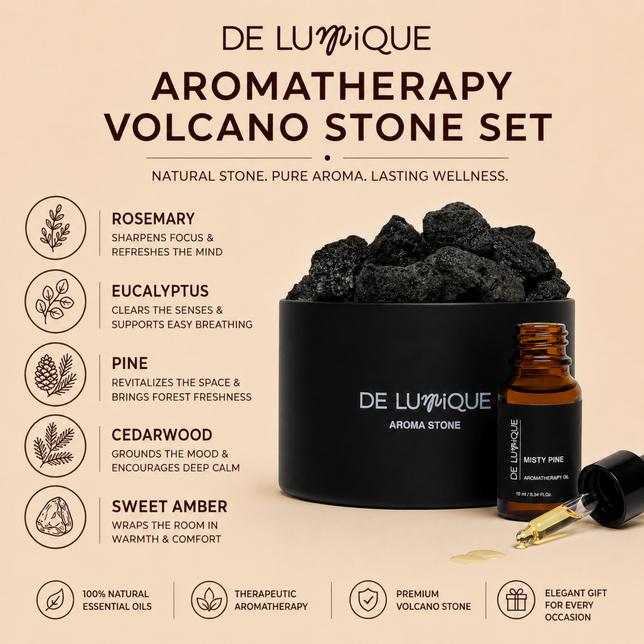 Aromatherapy Volcano Stone Set - Misty Pine-6